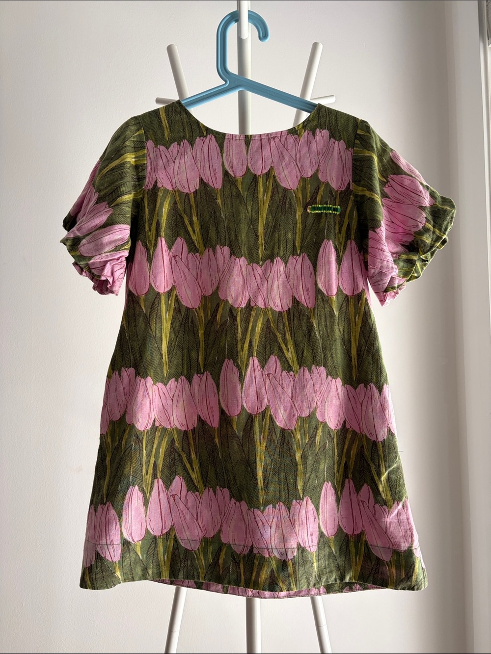 J. Crew Pink Tulip Print A-Line Dress on Olive Green